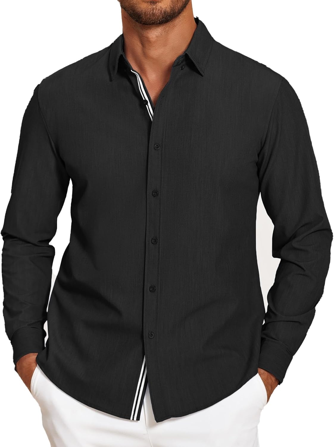 Mens Casual Button Down Shirt Untucked Long Sleeve Stretch Denim Dress Shirt - Picture 28 of 83