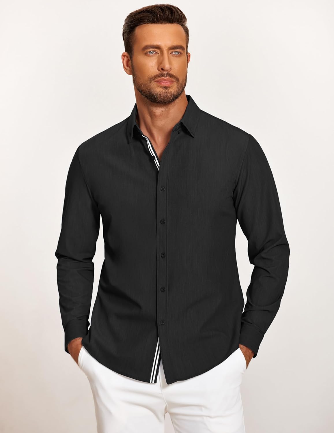 Mens Casual Button Down Shirt Untucked Long Sleeve Stretch Denim Dress Shirt - Picture 29 of 83