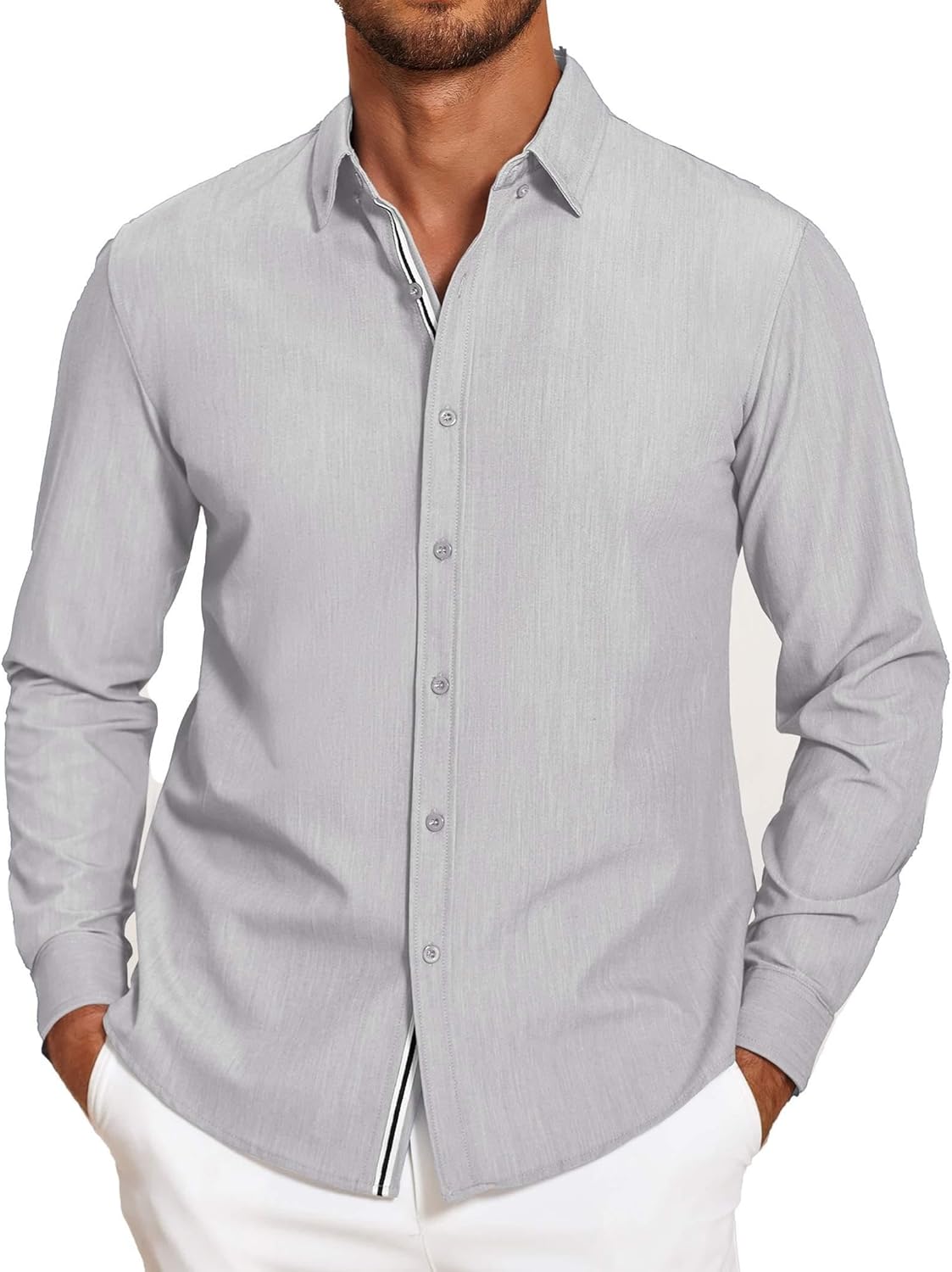 Mens Casual Button Down Shirt Untucked Long Sleeve Stretch Denim Dress Shirt - Picture 32 of 83