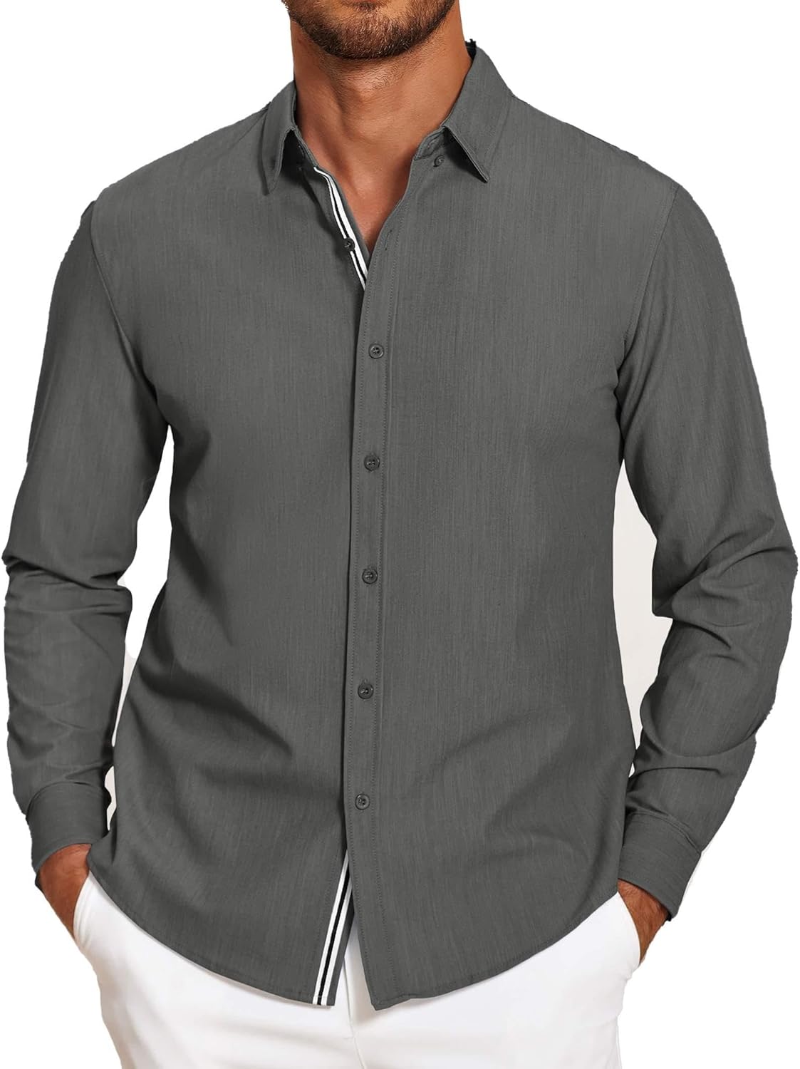 Mens Casual Button Down Shirt Untucked Long Sleeve Stretch Denim Dress Shirt - Picture 36 of 83