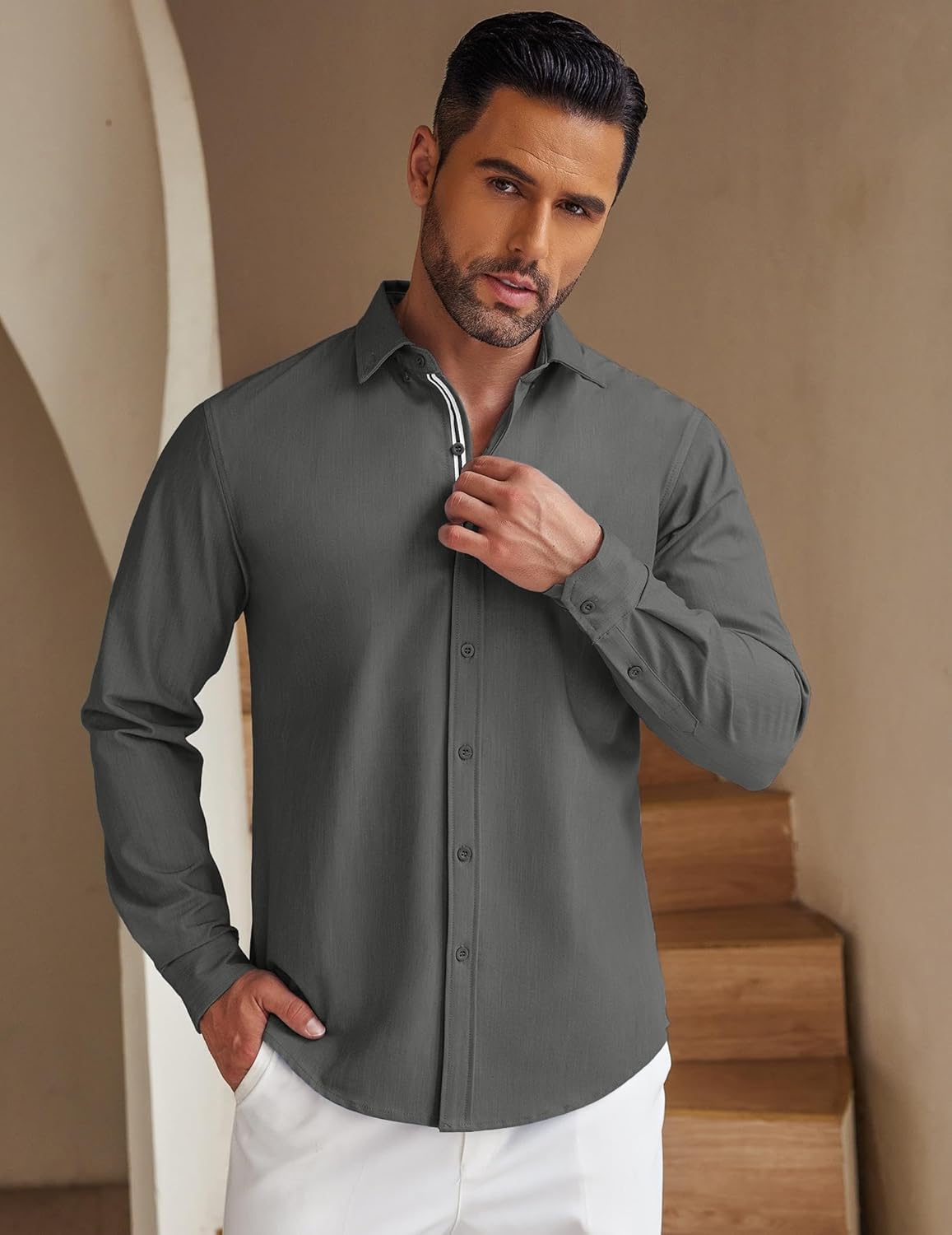 Mens Casual Button Down Shirt Untucked Long Sleeve Stretch Denim Dress Shirt - Picture 37 of 83