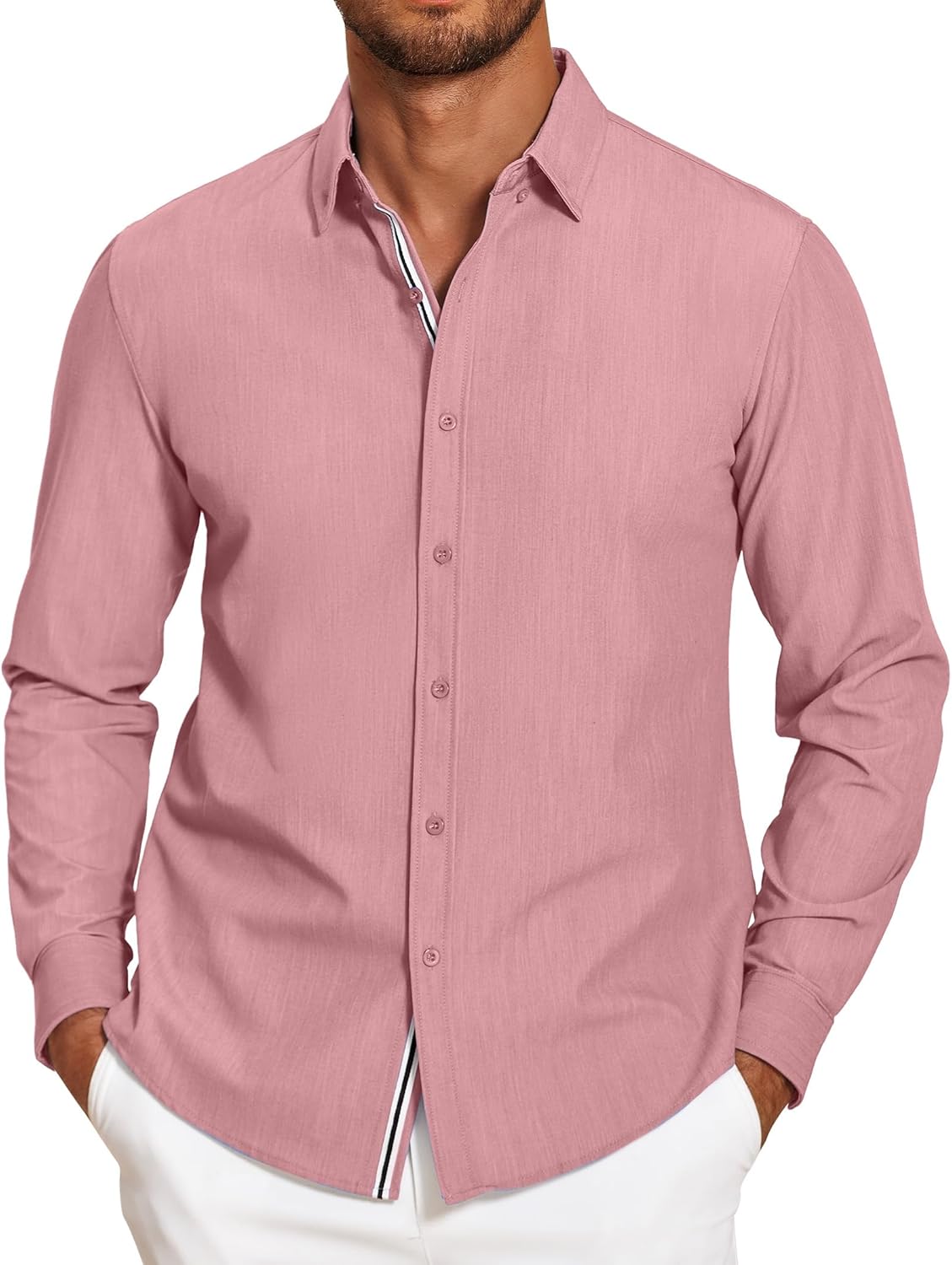 Mens Casual Button Down Shirt Untucked Long Sleeve Stretch Denim Dress Shirt - Picture 40 of 83