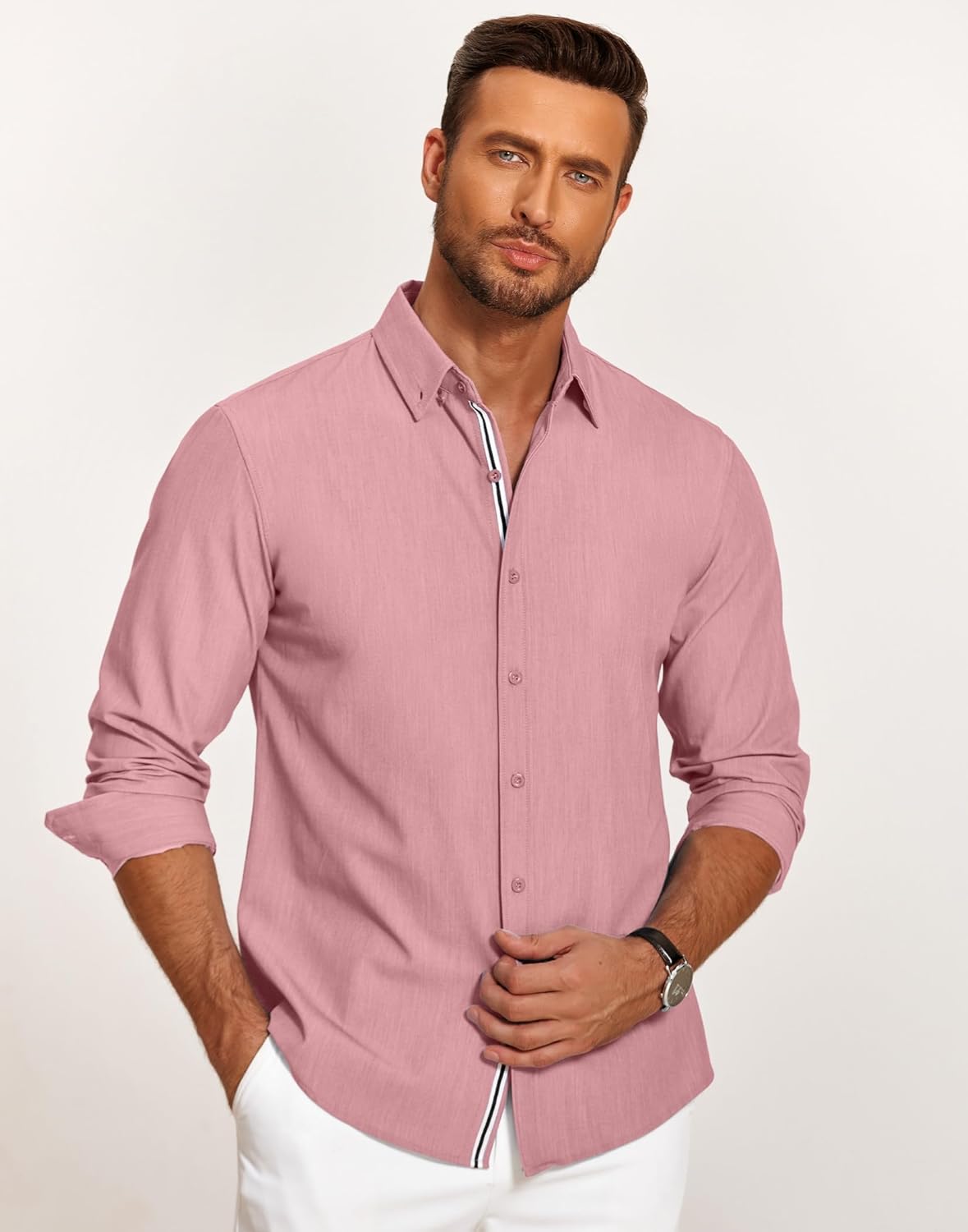 Mens Casual Button Down Shirt Untucked Long Sleeve Stretch Denim Dress Shirt - Picture 43 of 83