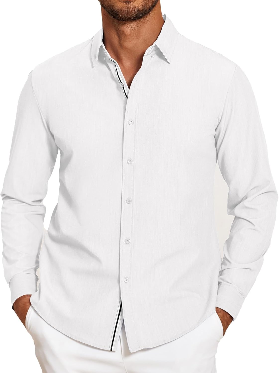 Mens Casual Button Down Shirt Untucked Long Sleeve Stretch Denim Dress Shirt - Picture 44 of 83