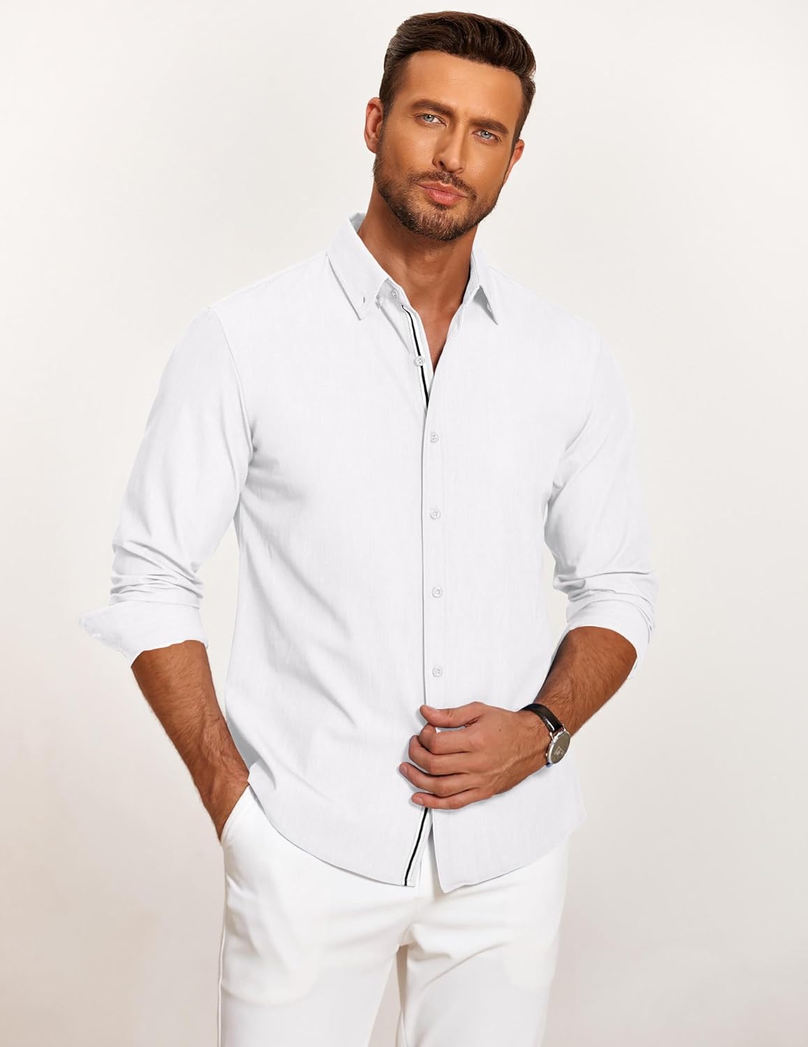Mens Casual Button Down Shirt Untucked Long Sleeve Stretch Denim Dress Shirt - Picture 45 of 83