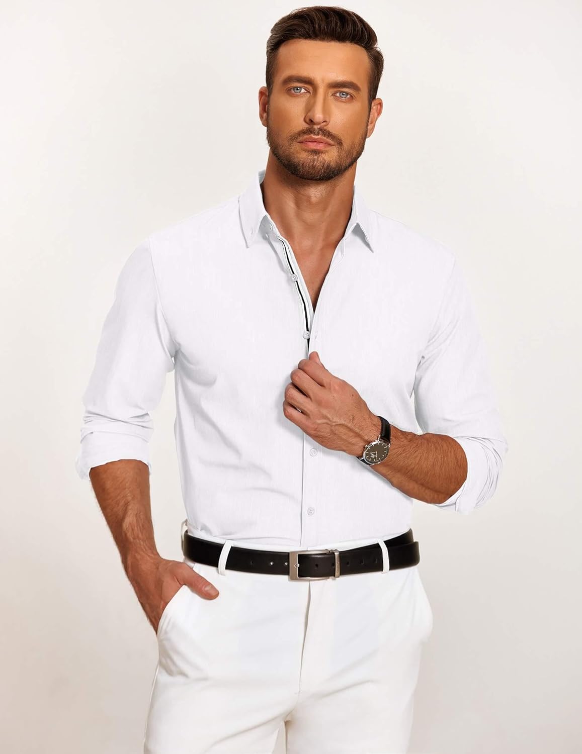 Mens Casual Button Down Shirt Untucked Long Sleeve Stretch Denim Dress Shirt - Picture 46 of 83
