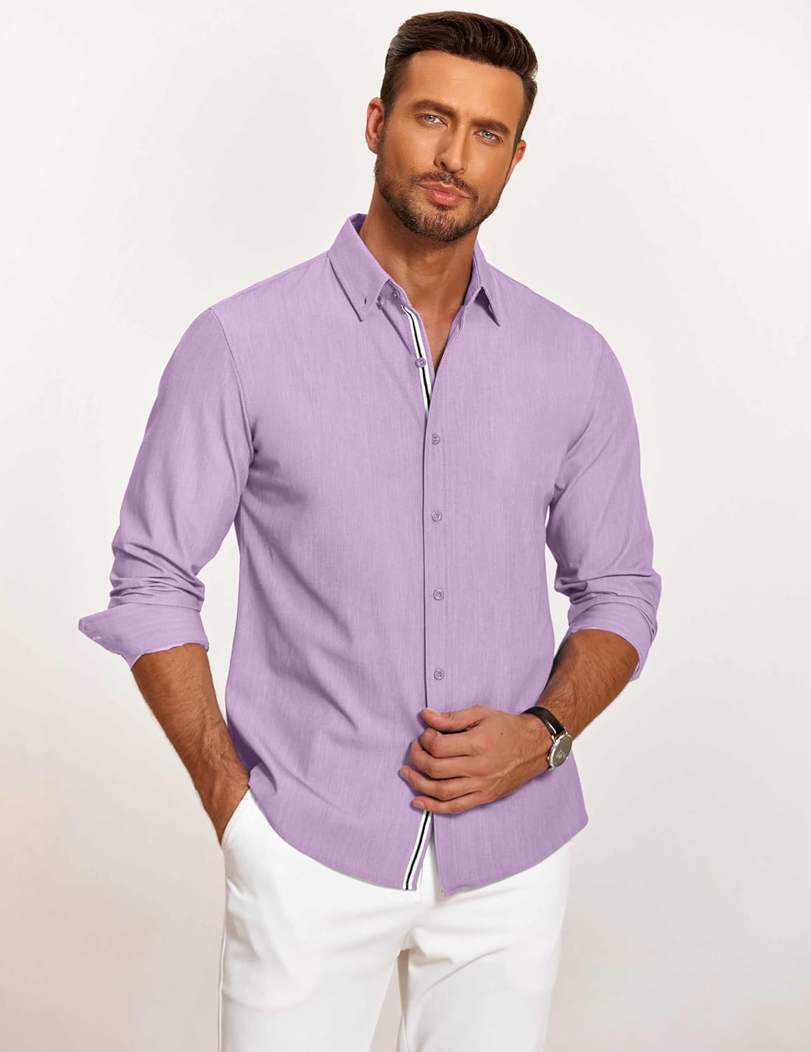 Mens Casual Button Down Shirt Untucked Long Sleeve Stretch Denim Dress Shirt - Picture 49 of 83