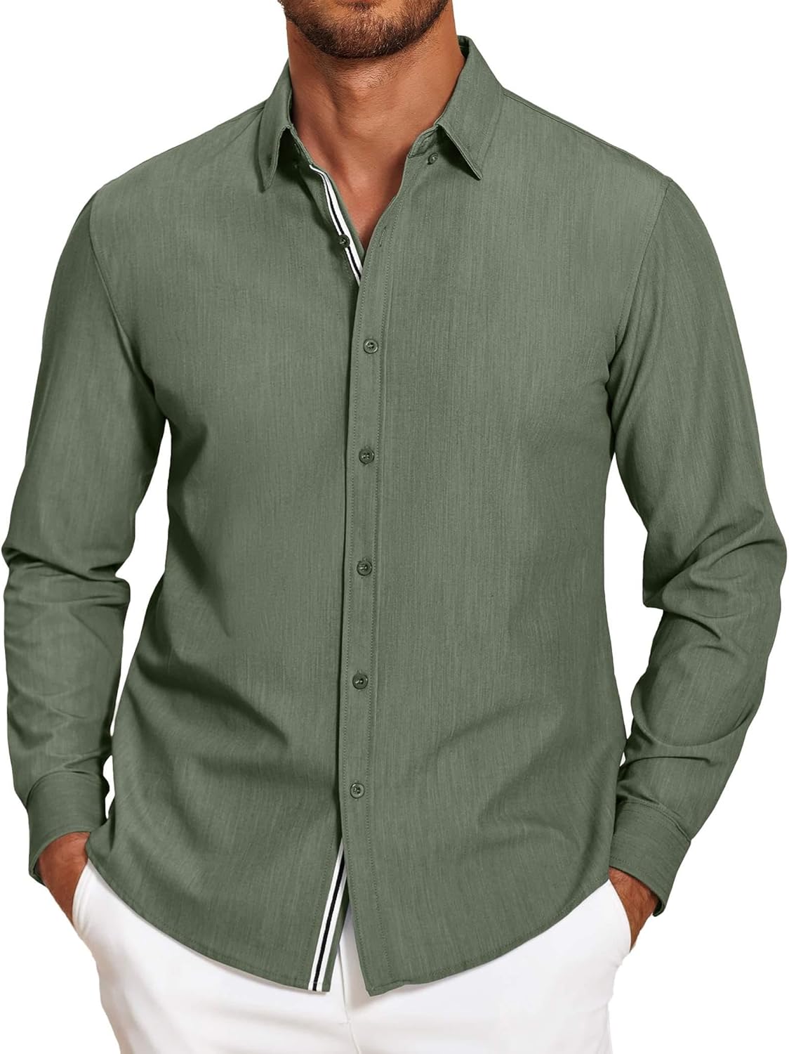 Mens Casual Button Down Shirt Untucked Long Sleeve Stretch Denim Dress Shirt - Picture 52 of 83