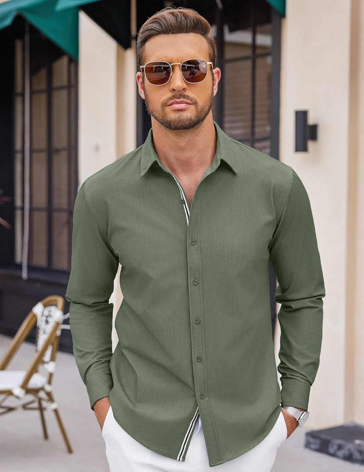 Mens Casual Button Down Shirt Untucked Long Sleeve Stretch Denim Dress Shirt - Picture 54 of 83