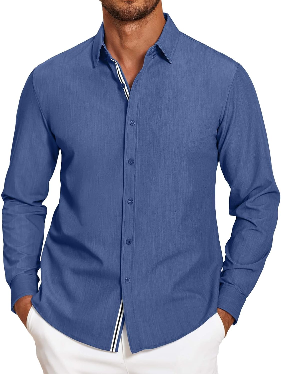 Mens Casual Button Down Shirt Untucked Long Sleeve Stretch Denim Dress Shirt - Picture 56 of 83