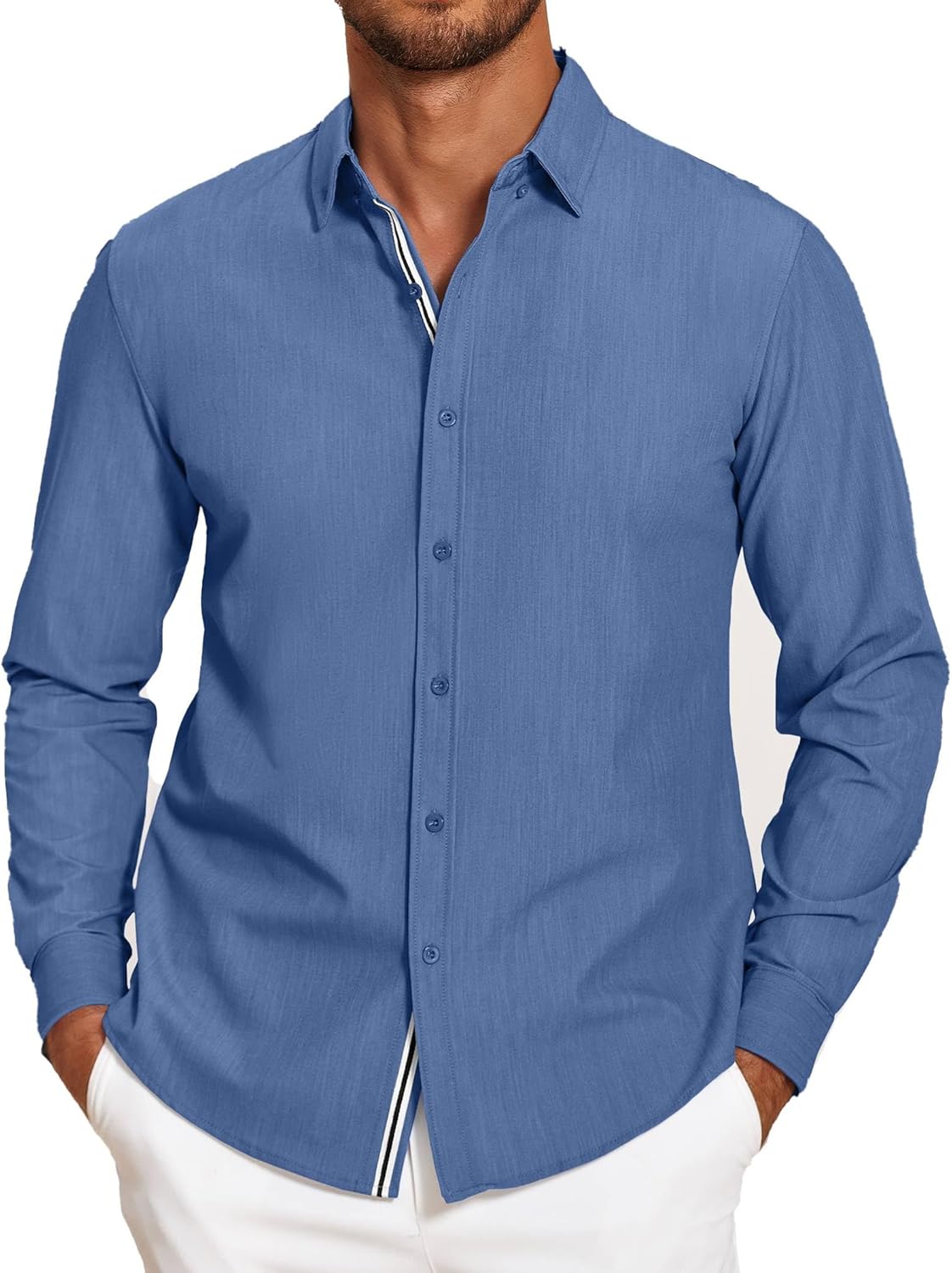 Mens Casual Button Down Shirt Untucked Long Sleeve Stretch Denim Dress Shirt - Picture 64 of 83