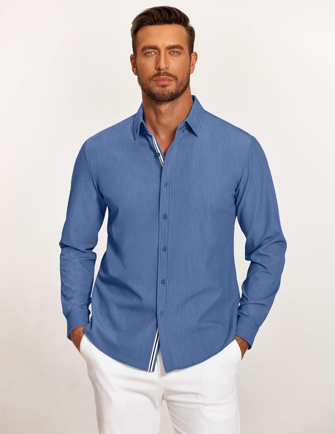 Mens Casual Button Down Shirt Untucked Long Sleeve Stretch Denim Dress Shirt - Picture 65 of 83