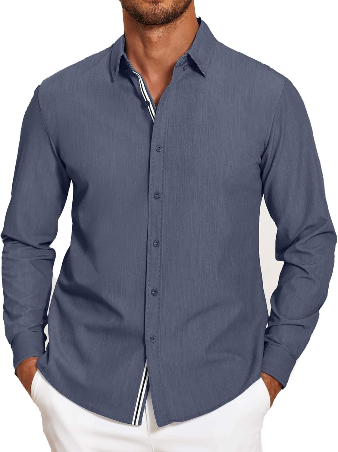 Mens Casual Button Down Shirt Untucked Long Sleeve Stretch Denim Dress Shirt - Picture 68 of 83