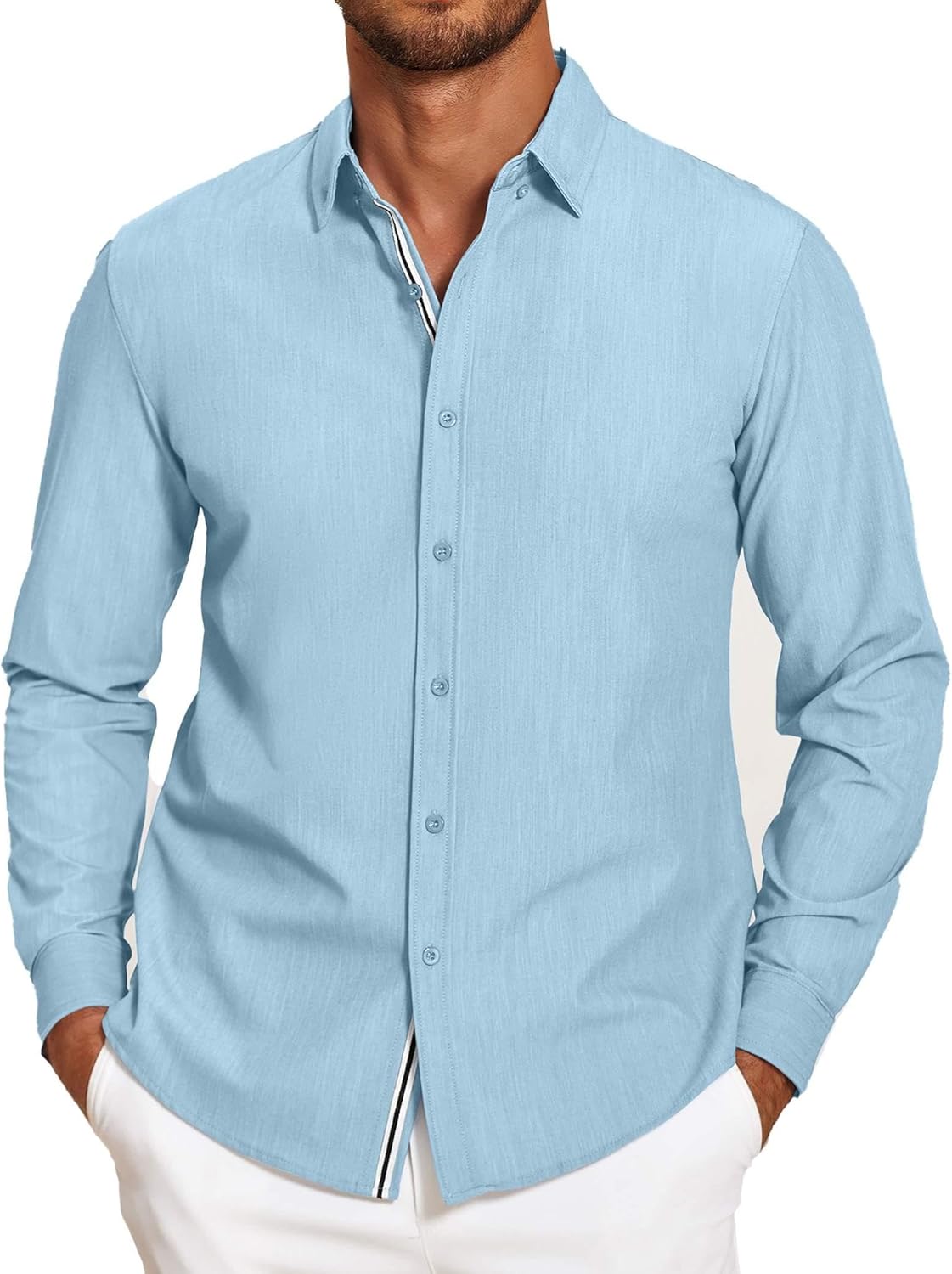 Mens Casual Button Down Shirt Untucked Long Sleeve Stretch Denim Dress Shirt - Picture 72 of 83