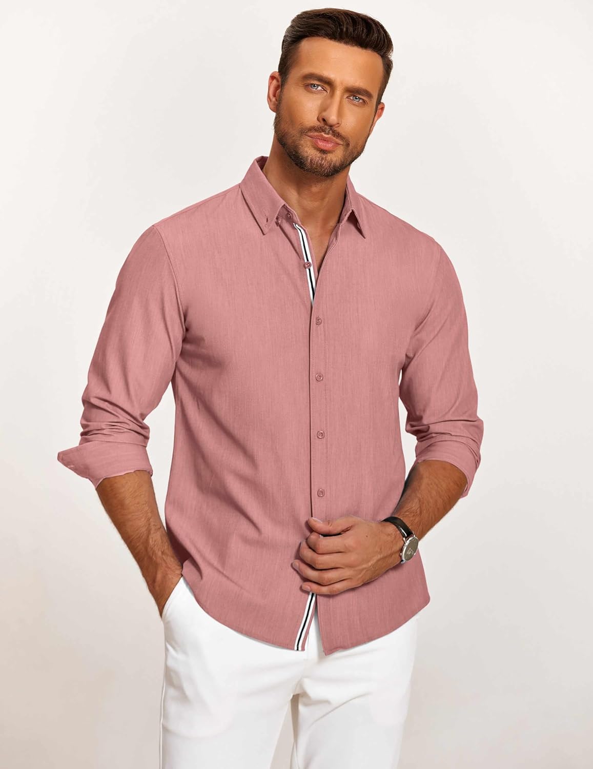 Mens Casual Button Down Shirt Untucked Long Sleeve Stretch Denim Dress Shirt - Picture 77 of 83