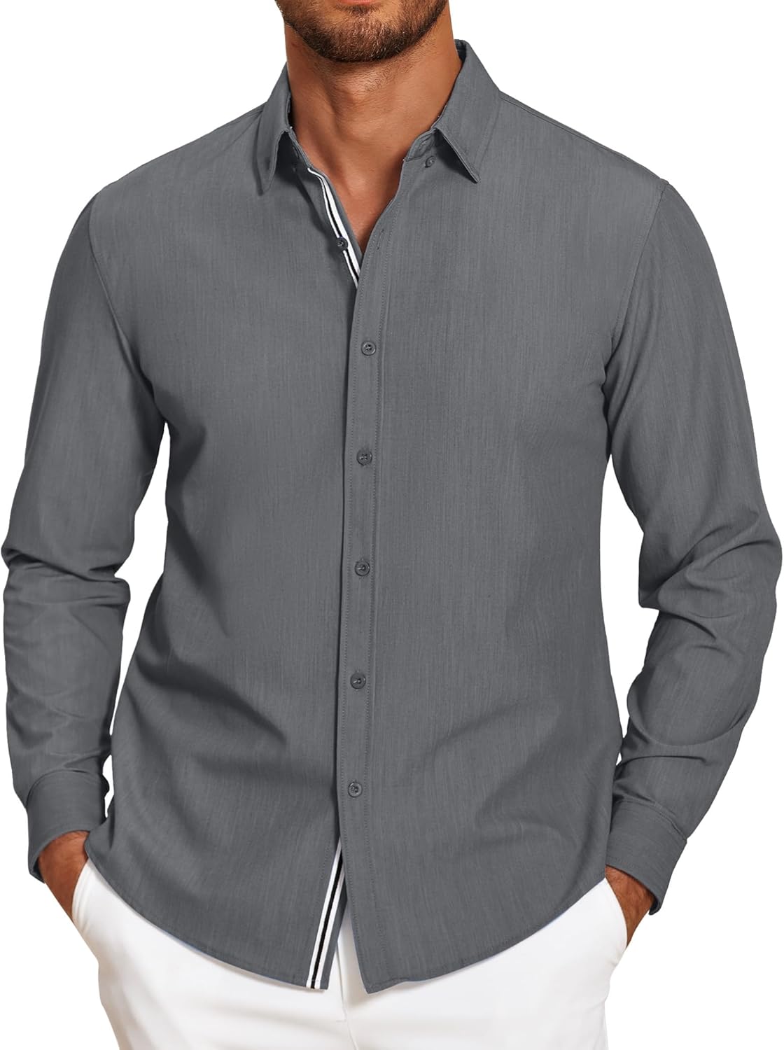 Mens Casual Button Down Shirt Untucked Long Sleeve Stretch Denim Dress Shirt - Picture 80 of 83