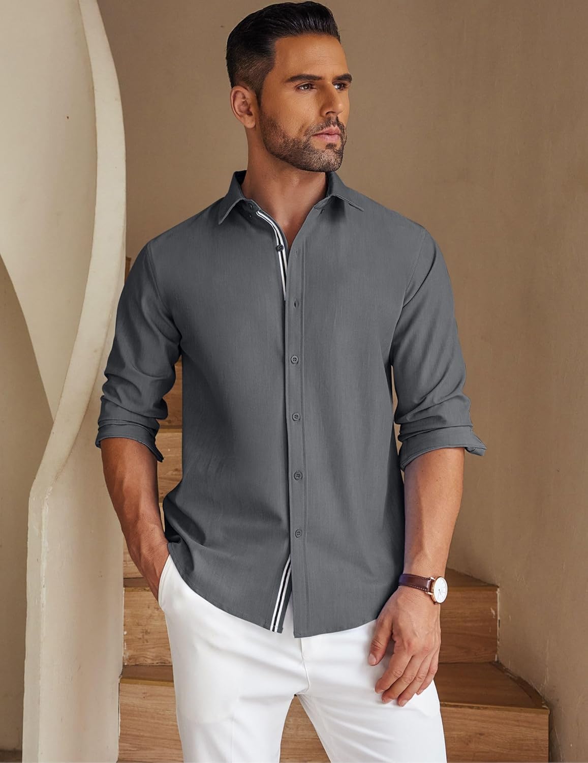 Mens Casual Button Down Shirt Untucked Long Sleeve Stretch Denim Dress Shirt - Picture 81 of 83