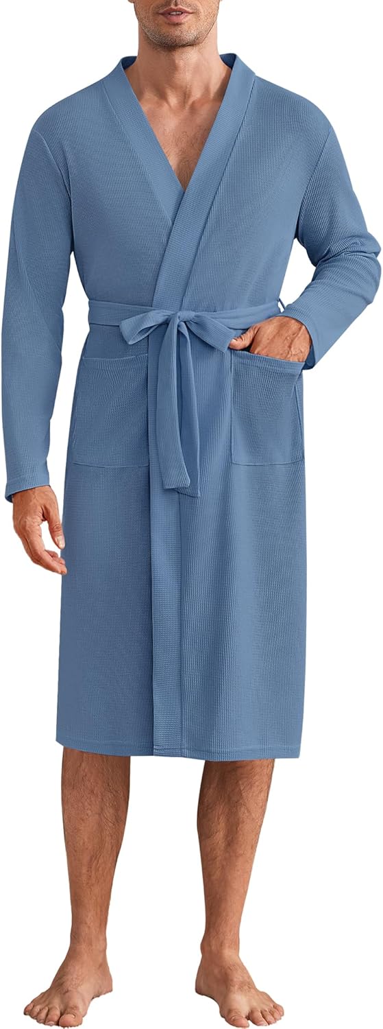 Mens Robes Lightweight Waffle Knit Spa Bathrobe Soft Kimono Shower Robe V Neck - Picture 28 of 51