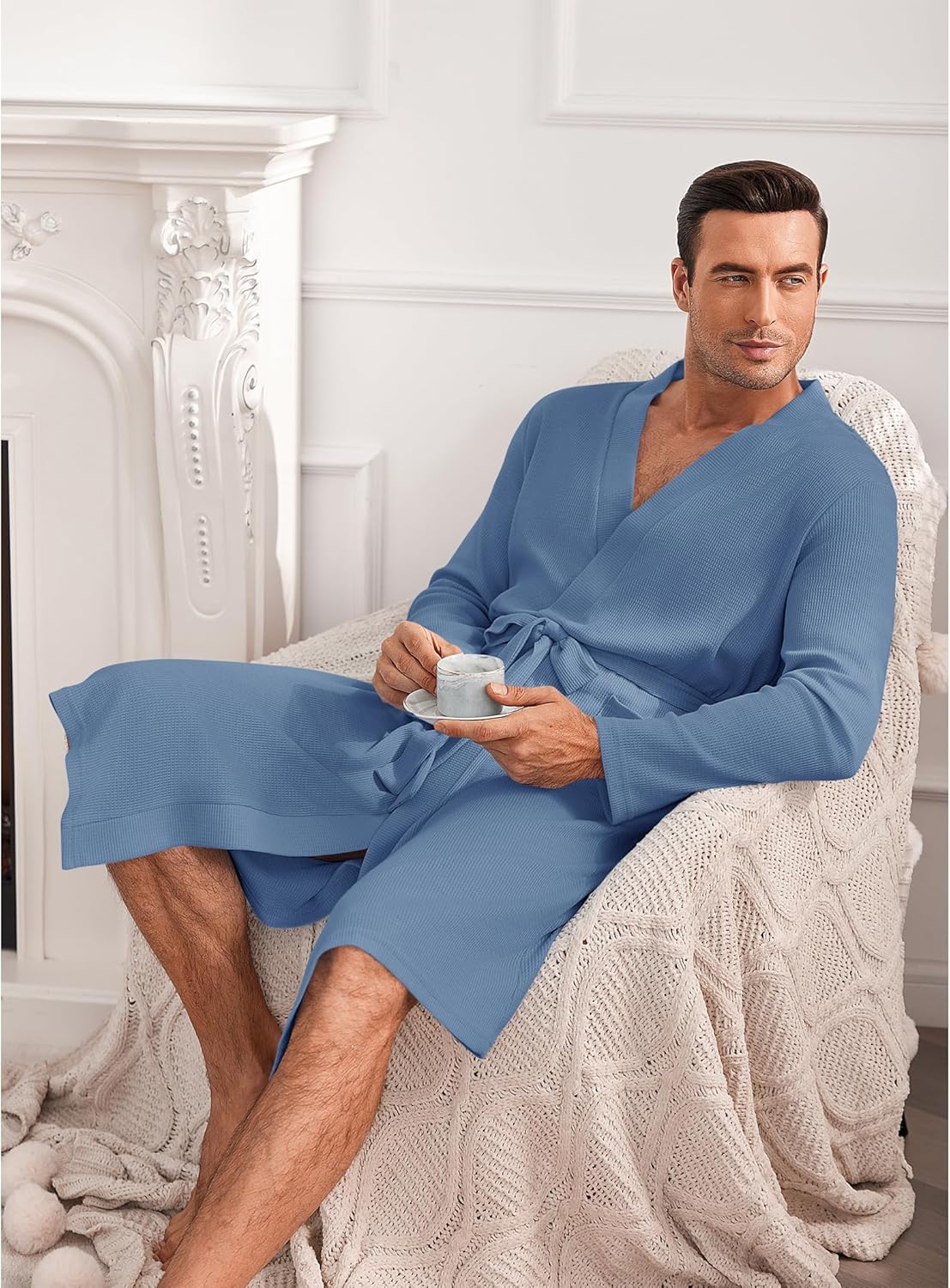 Mens Robes Lightweight Waffle Knit Spa Bathrobe Soft Kimono Shower Robe V Neck - Picture 30 of 51