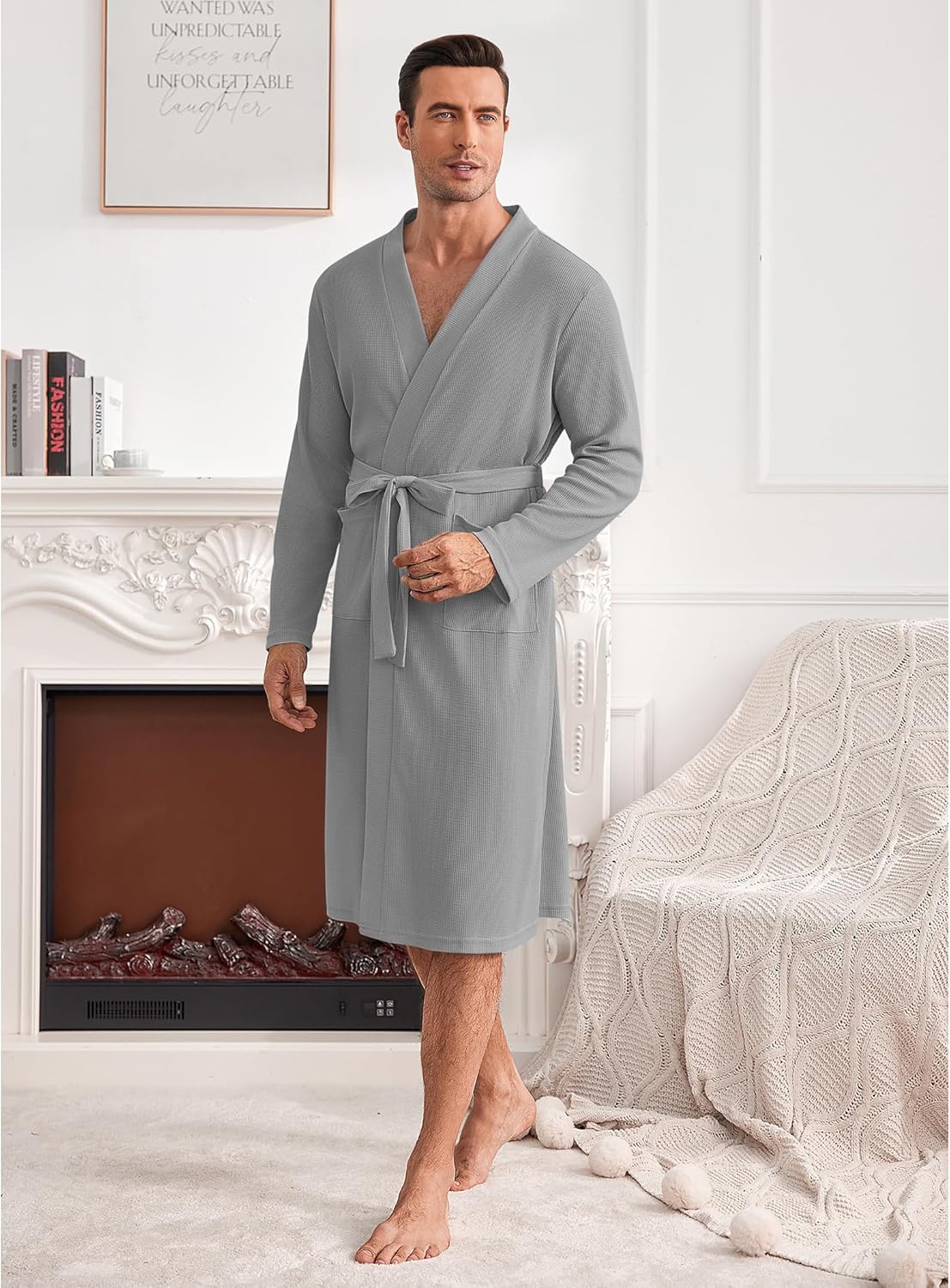 Mens Robes Lightweight Waffle Knit Spa Bathrobe Soft Kimono Shower Robe V Neck - Picture 26 of 51