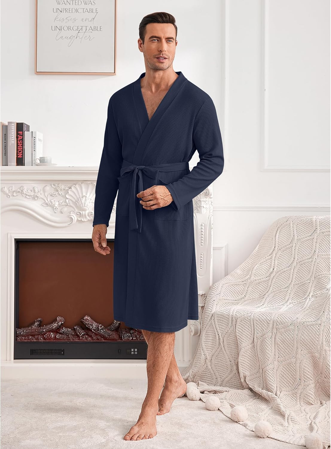 Mens Robes Lightweight Waffle Knit Spa Bathrobe Soft Kimono Shower Robe V Neck - Picture 32 of 51
