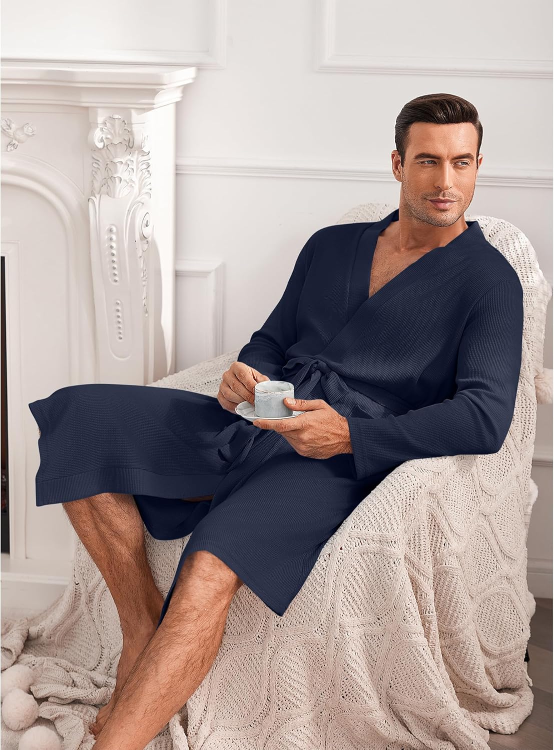 Mens Robes Lightweight Waffle Knit Spa Bathrobe Soft Kimono Shower Robe V Neck - Picture 33 of 51