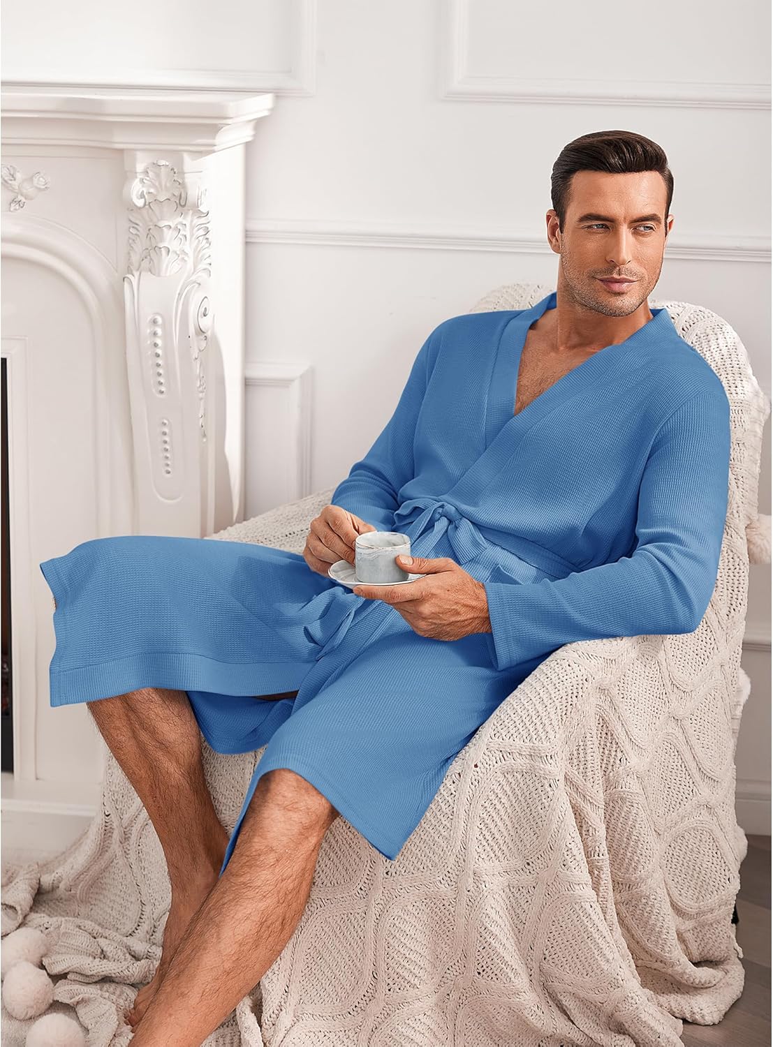 Mens Robes Lightweight Waffle Knit Spa Bathrobe Soft Kimono Shower Robe V Neck - Picture 34 of 51