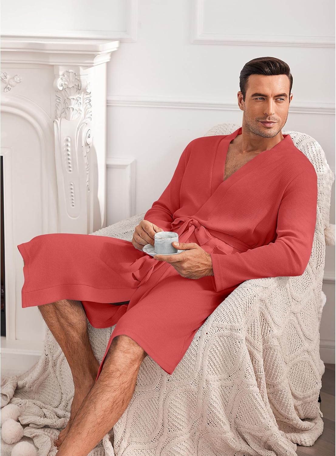 Mens Robes Lightweight Waffle Knit Spa Bathrobe Soft Kimono Shower Robe V Neck - Picture 39 of 51