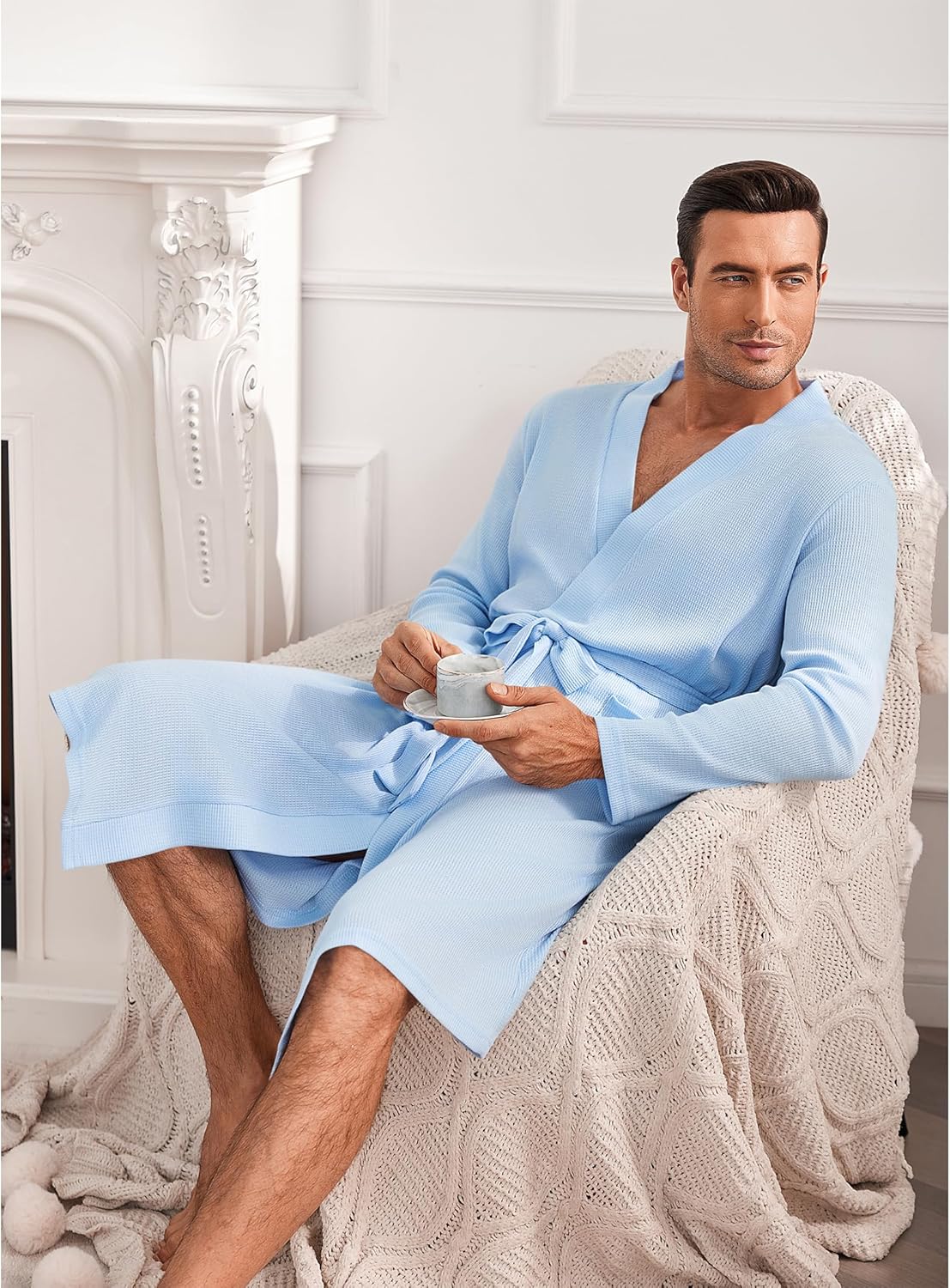 Mens Robes Lightweight Waffle Knit Spa Bathrobe Soft Kimono Shower Robe V Neck - Picture 42 of 51