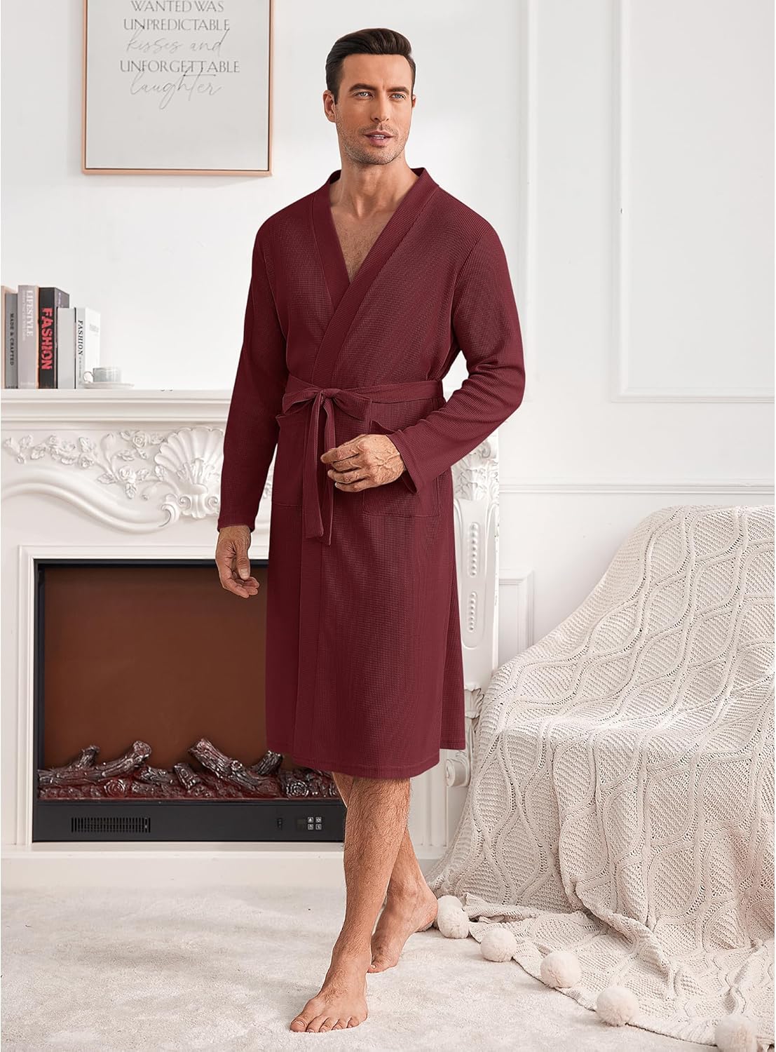 Mens Robes Lightweight Waffle Knit Spa Bathrobe Soft Kimono Shower Robe V Neck - Picture 50 of 51