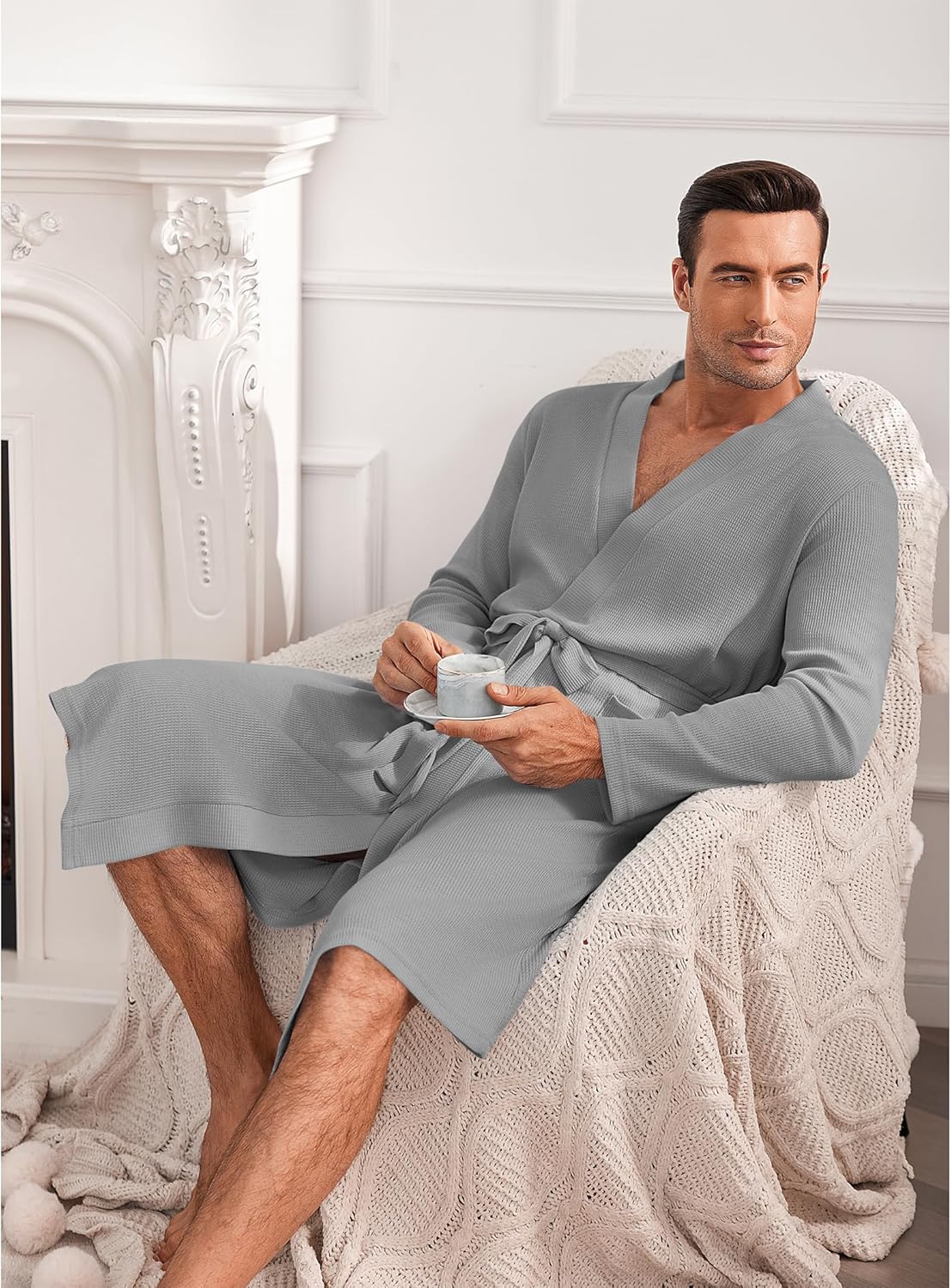 Mens Robes Lightweight Waffle Knit Spa Bathrobe Soft Kimono Shower Robe V Neck - Picture 27 of 51