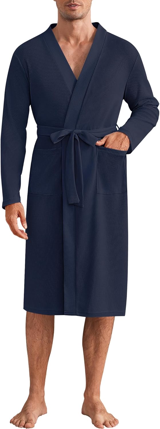 Mens Robes Lightweight Waffle Knit Spa Bathrobe Soft Kimono Shower Robe V Neck - Picture 31 of 51