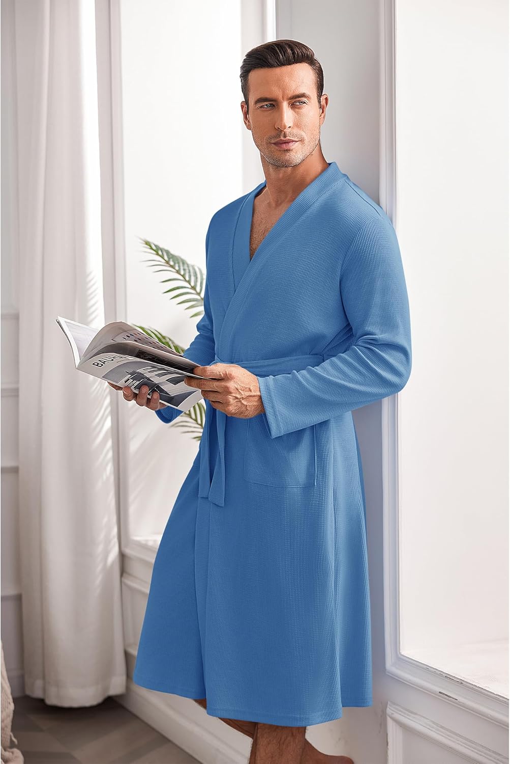 Mens Robes Lightweight Waffle Knit Spa Bathrobe Soft Kimono Shower Robe V Neck - Picture 35 of 51
