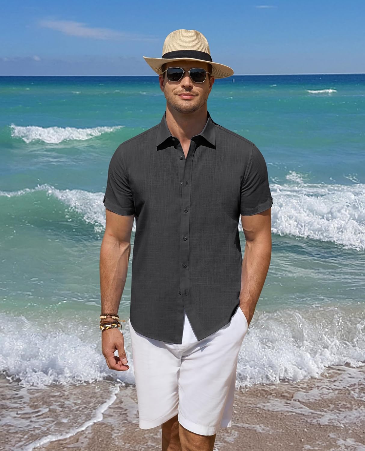 Leinenhemden für Herren Kurzarm Leinenhemden Freizeit Button Down Hemden Sommer - Bild 35 von 53