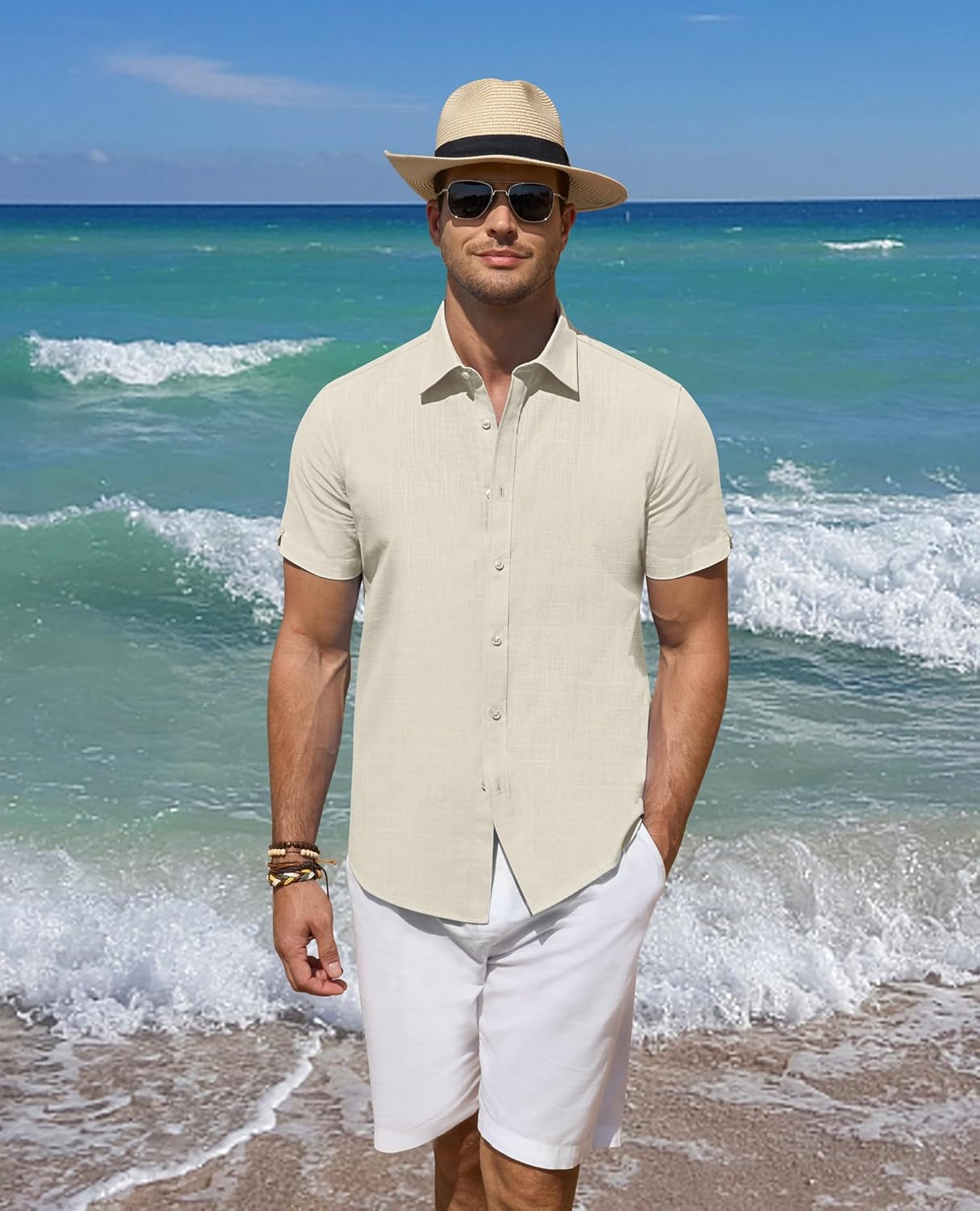 Leinenhemden für Herren Kurzarm Leinenhemden Freizeit Button Down Hemden Sommer - Bild 47 von 53
