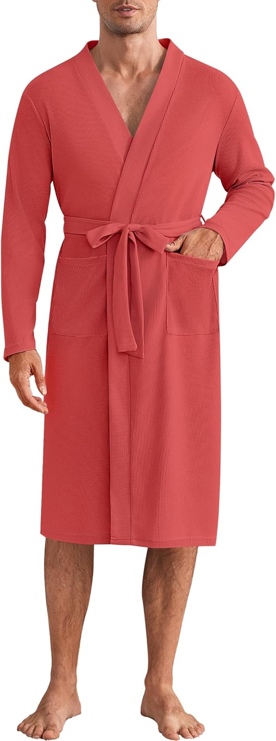 Mens Robes Lightweight Waffle Knit Spa Bathrobe Soft Kimono Shower Robe V Neck - Picture 37 of 51