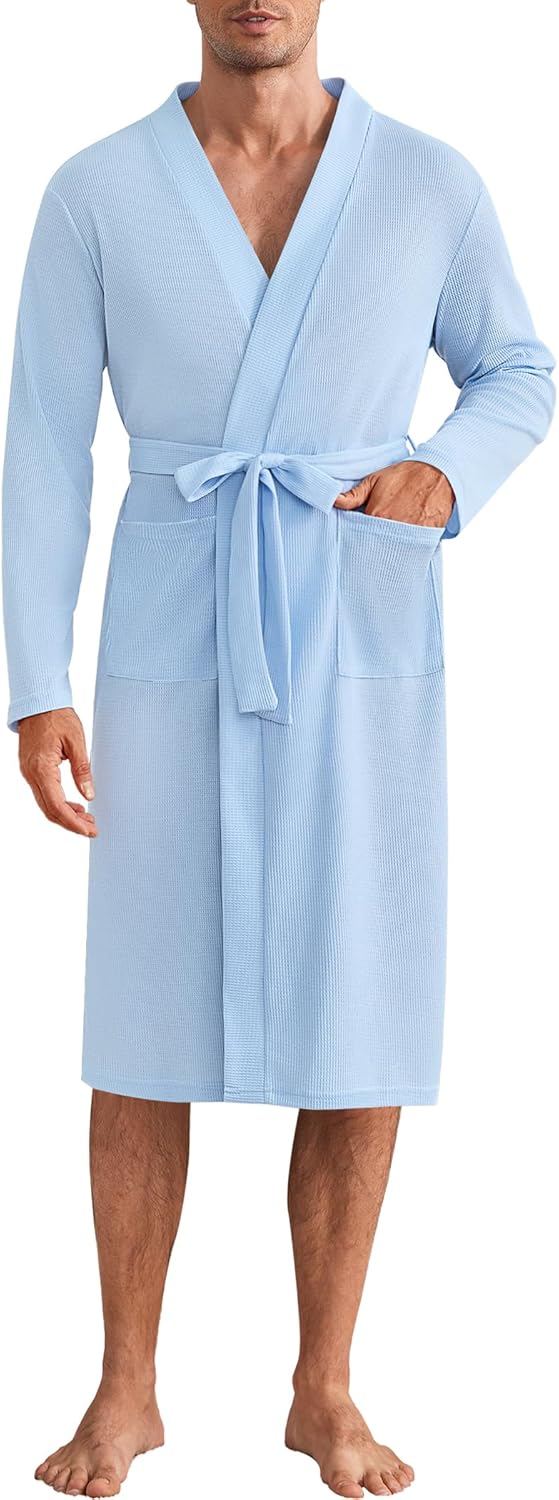 Mens Robes Lightweight Waffle Knit Spa Bathrobe Soft Kimono Shower Robe V Neck - Picture 40 of 51