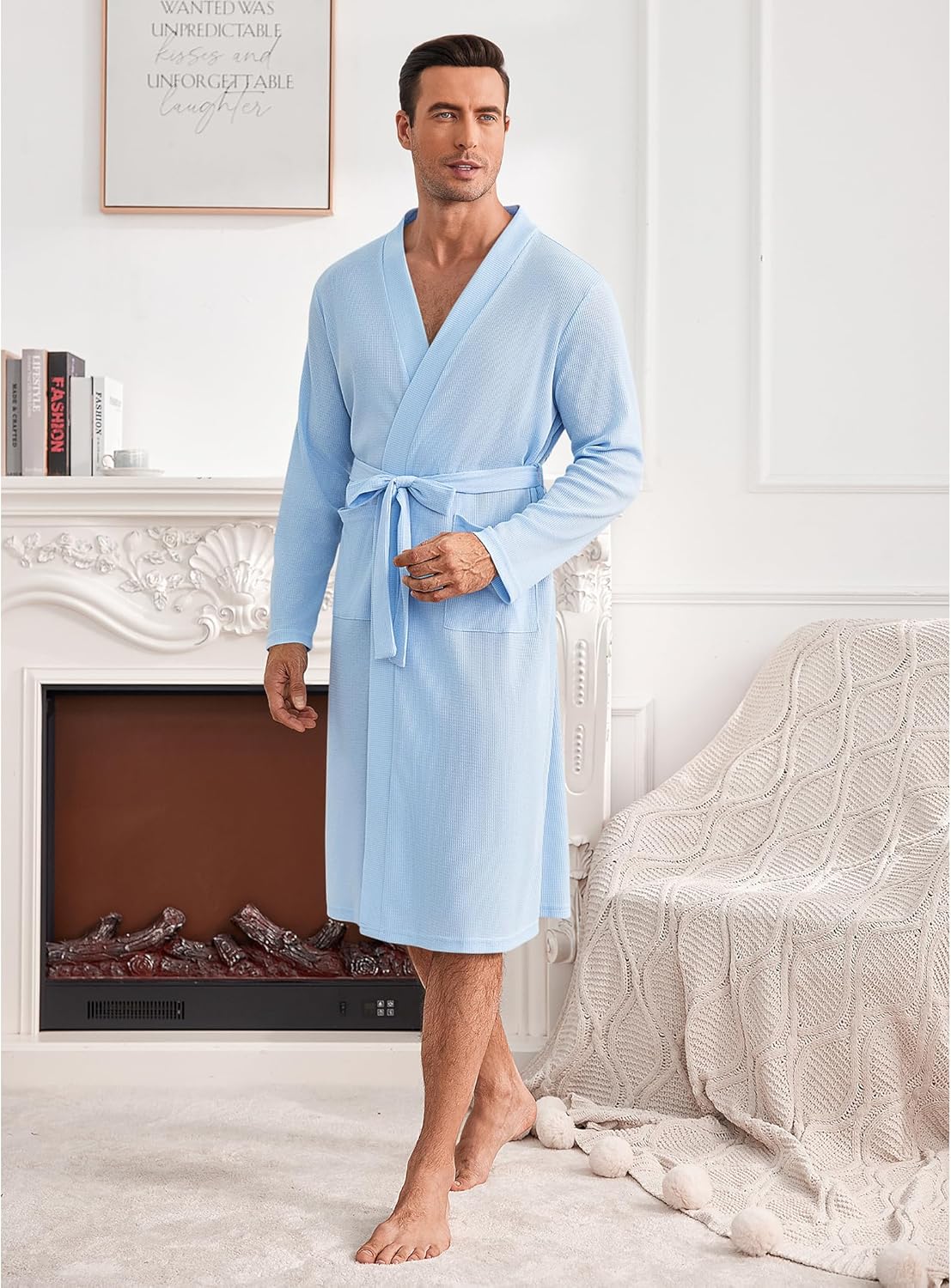 Mens Robes Lightweight Waffle Knit Spa Bathrobe Soft Kimono Shower Robe V Neck - Picture 41 of 51