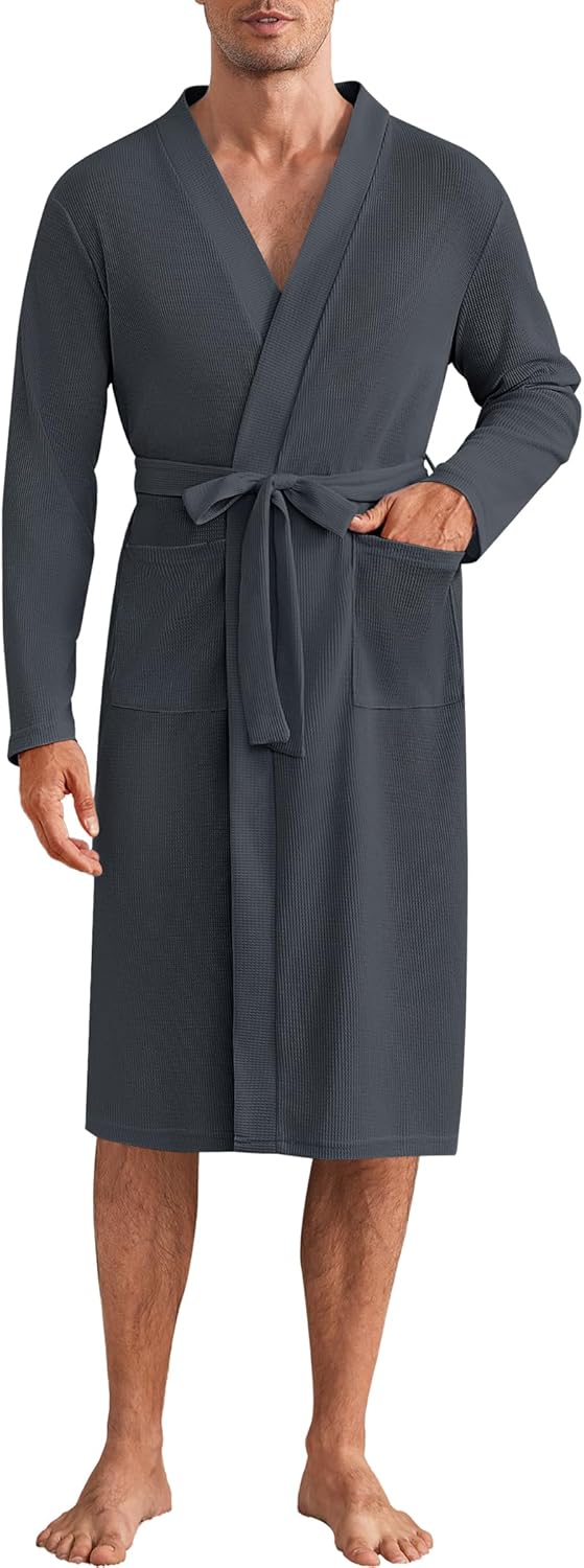Mens Robes Lightweight Waffle Knit Spa Bathrobe Soft Kimono Shower Robe V Neck - Picture 43 of 51