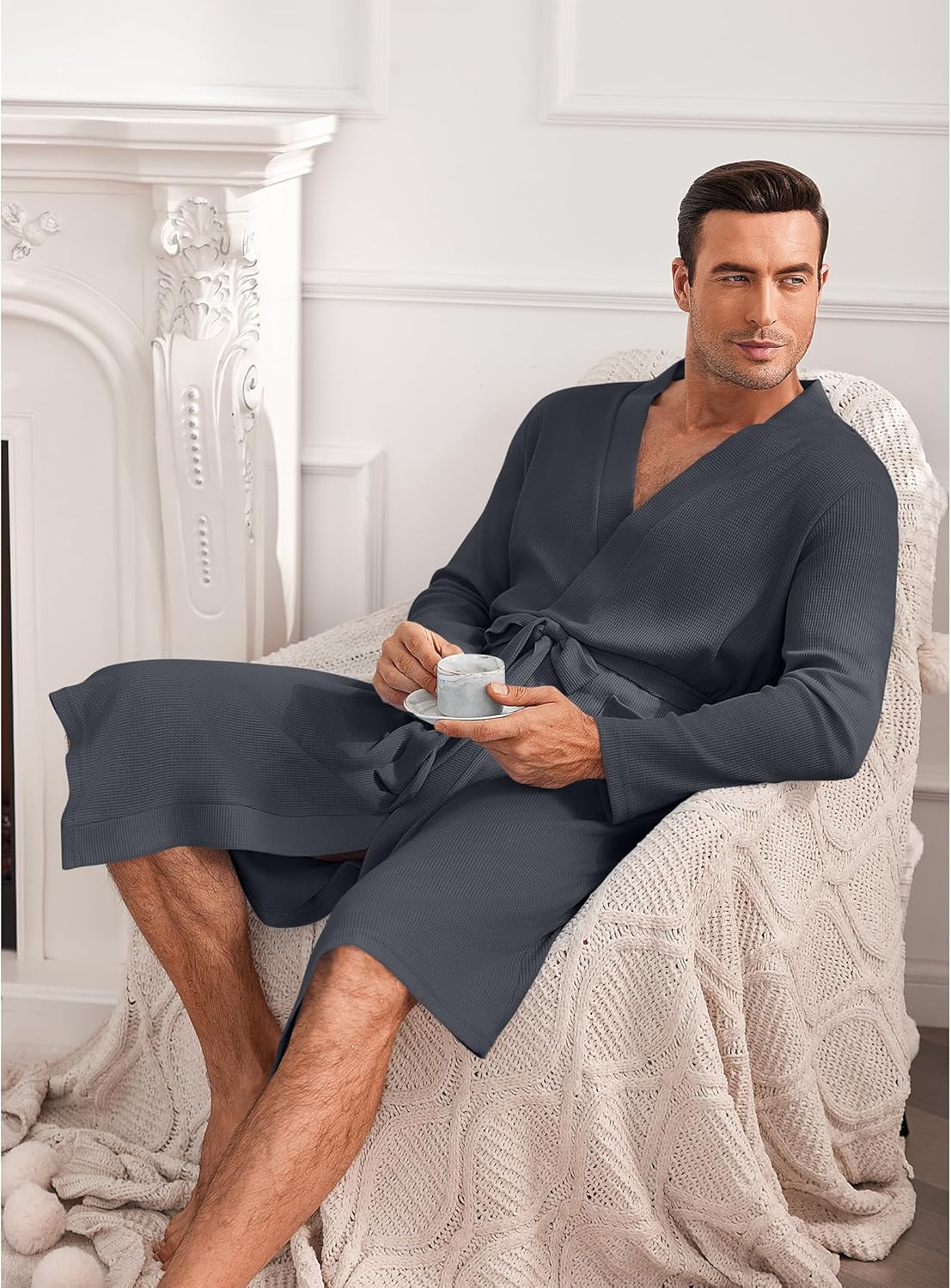 Mens Robes Lightweight Waffle Knit Spa Bathrobe Soft Kimono Shower Robe V Neck - Picture 45 of 51