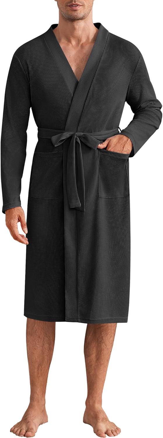 Mens Robes Lightweight Waffle Knit Spa Bathrobe Soft Kimono Shower Robe V Neck - Picture 46 of 51