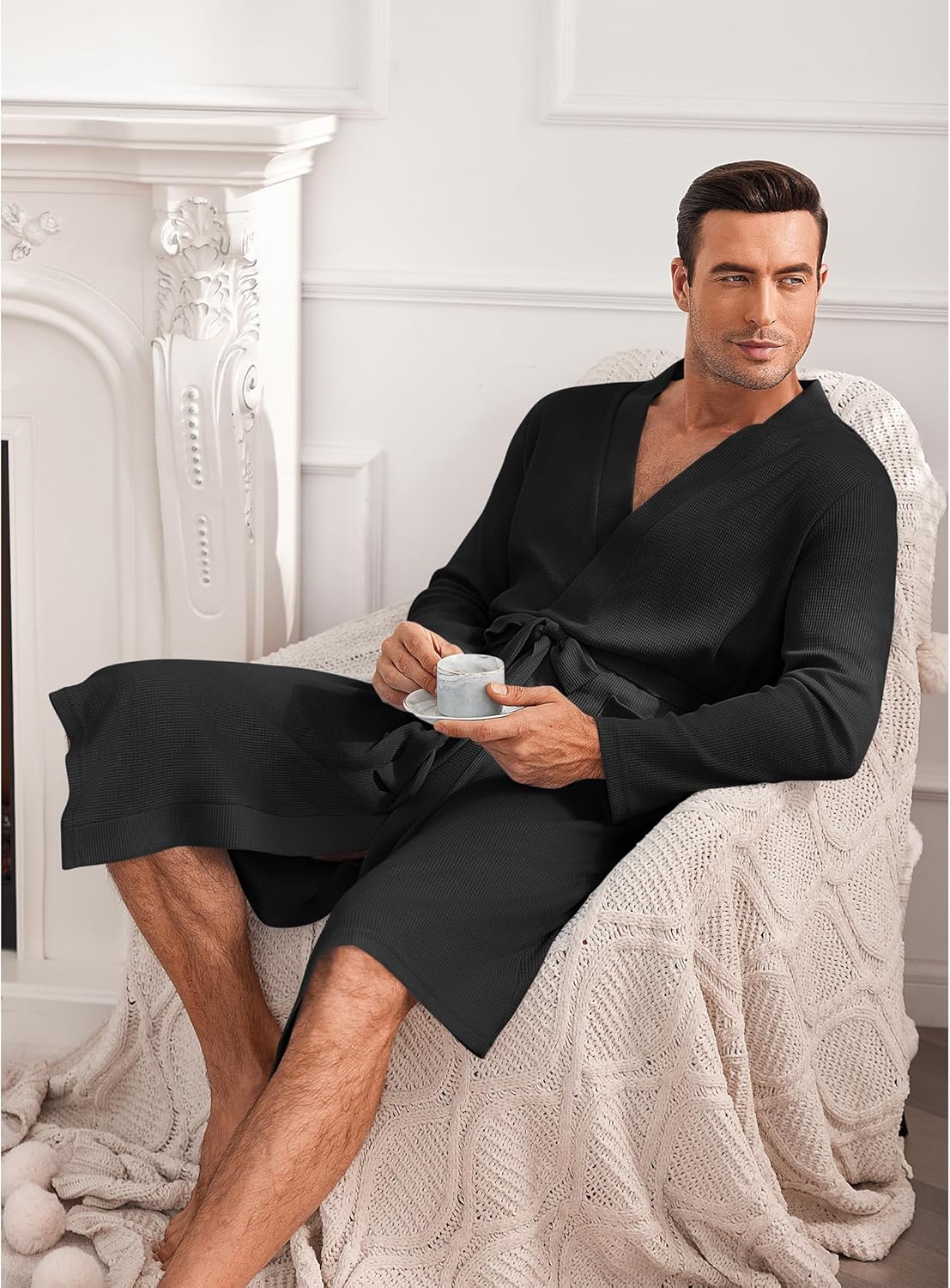 Mens Robes Lightweight Waffle Knit Spa Bathrobe Soft Kimono Shower Robe V Neck - Picture 48 of 51