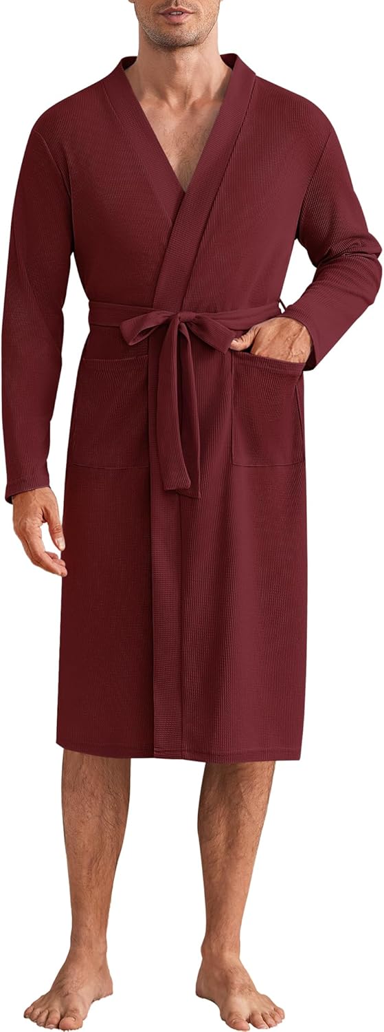 Mens Robes Lightweight Waffle Knit Spa Bathrobe Soft Kimono Shower Robe V Neck - Picture 49 of 51