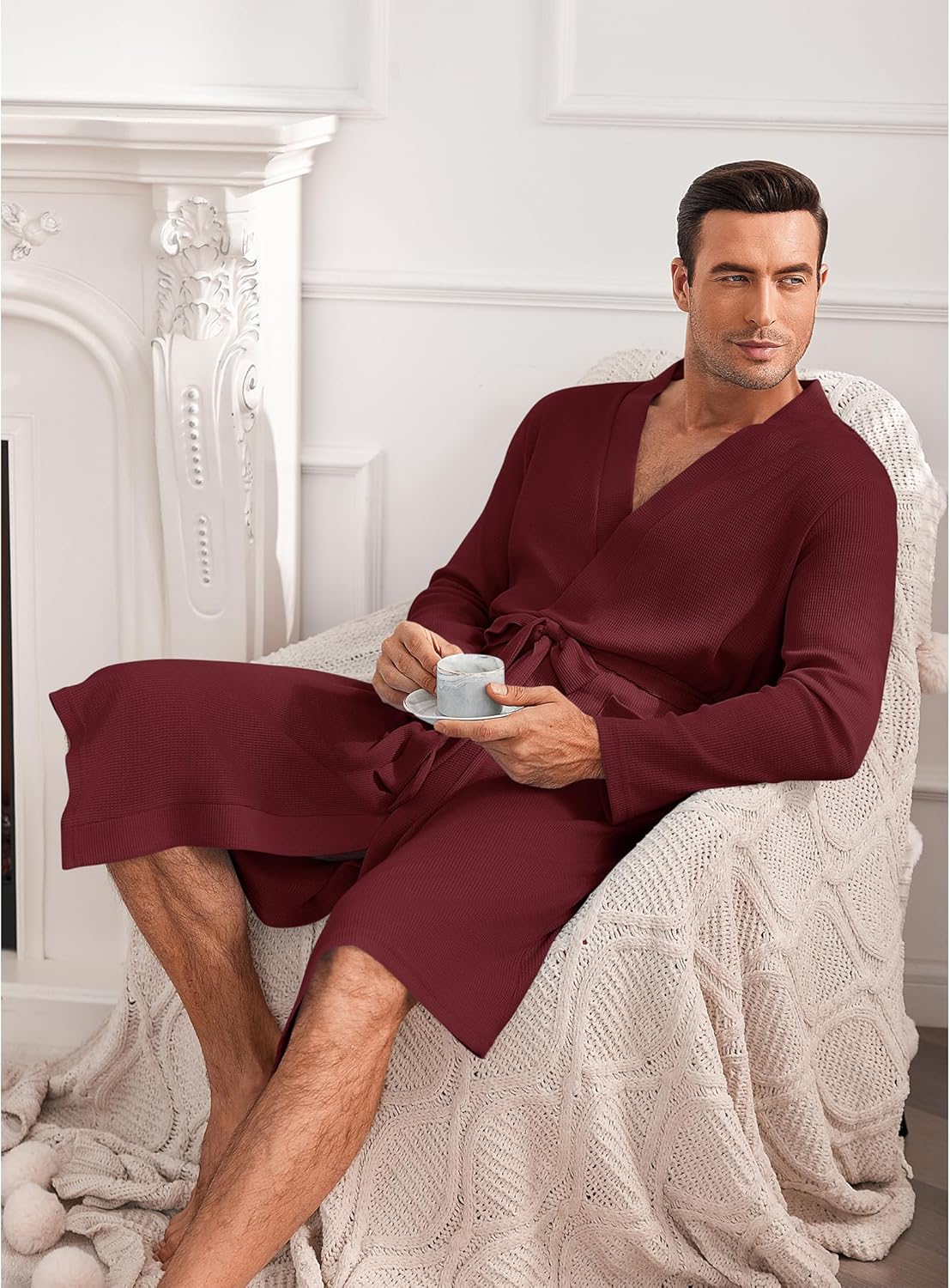 Mens Robes Lightweight Waffle Knit Spa Bathrobe Soft Kimono Shower Robe V Neck - Picture 51 of 51