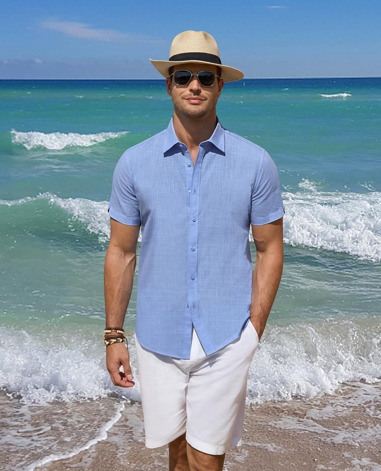 Leinenhemden für Herren Kurzarm Leinenhemden Freizeit Button Down Hemden Sommer - Bild 27 von 53