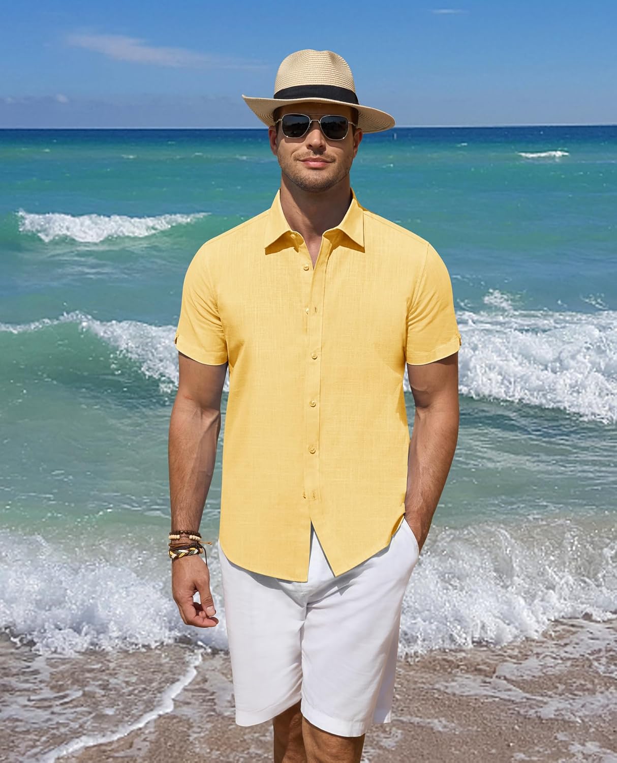 Leinenhemden für Herren Kurzarm Leinenhemden Freizeit Button Down Hemden Sommer - Bild 31 von 53