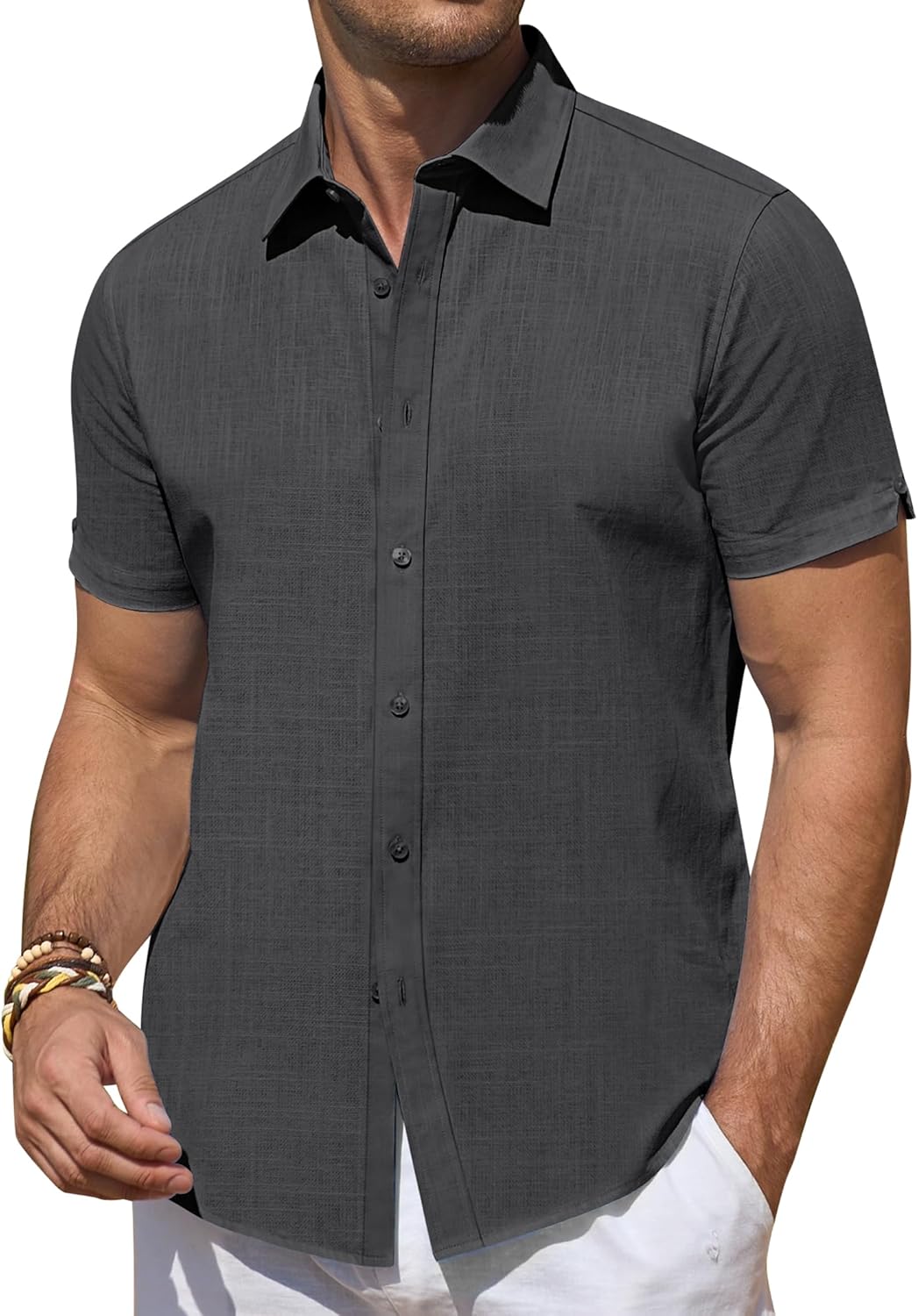 Leinenhemden für Herren Kurzarm Leinenhemden Freizeit Button Down Hemden Sommer - Bild 33 von 53