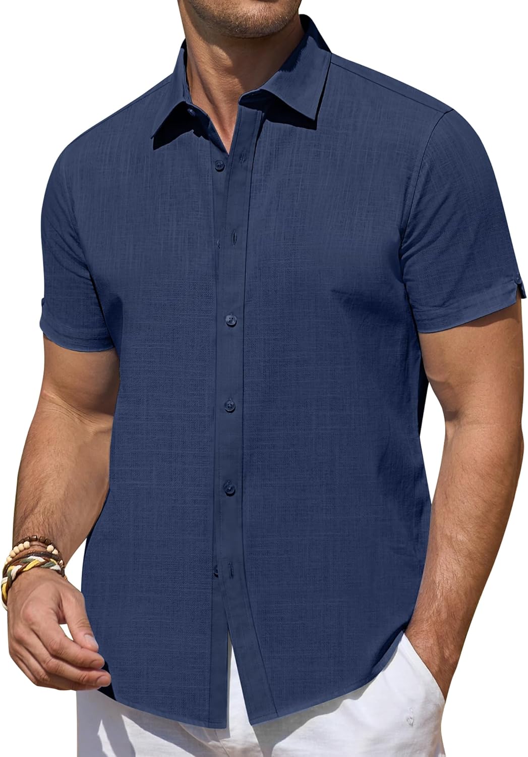 Leinenhemden für Herren Kurzarm Leinenhemden Freizeit Button Down Hemden Sommer - Bild 48 von 53