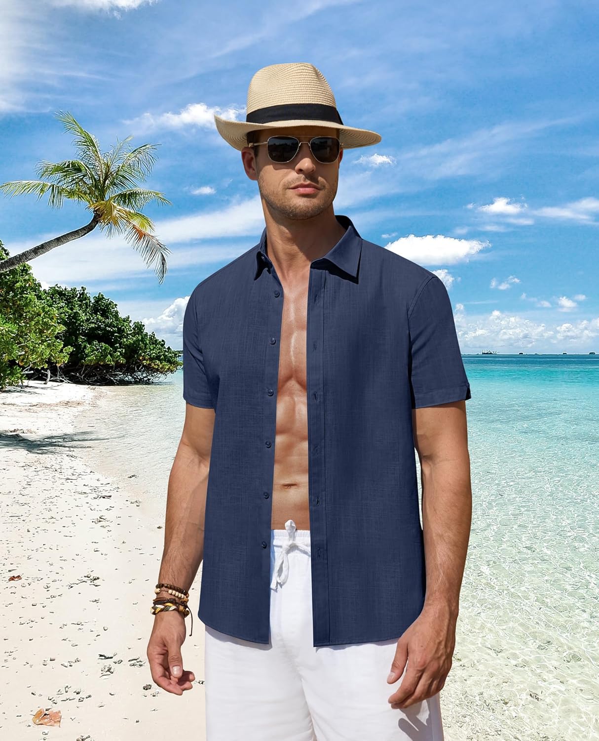 Leinenhemden für Herren Kurzarm Leinenhemden Freizeit Button Down Hemden Sommer - Bild 49 von 53