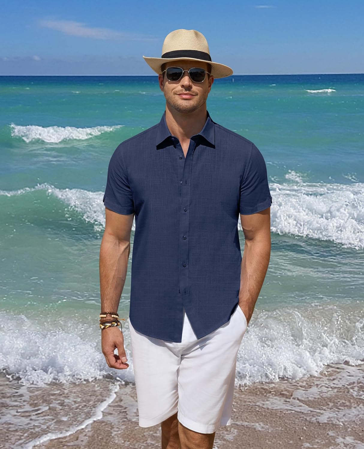 Leinenhemden für Herren Kurzarm Leinenhemden Freizeit Button Down Hemden Sommer - Bild 50 von 53